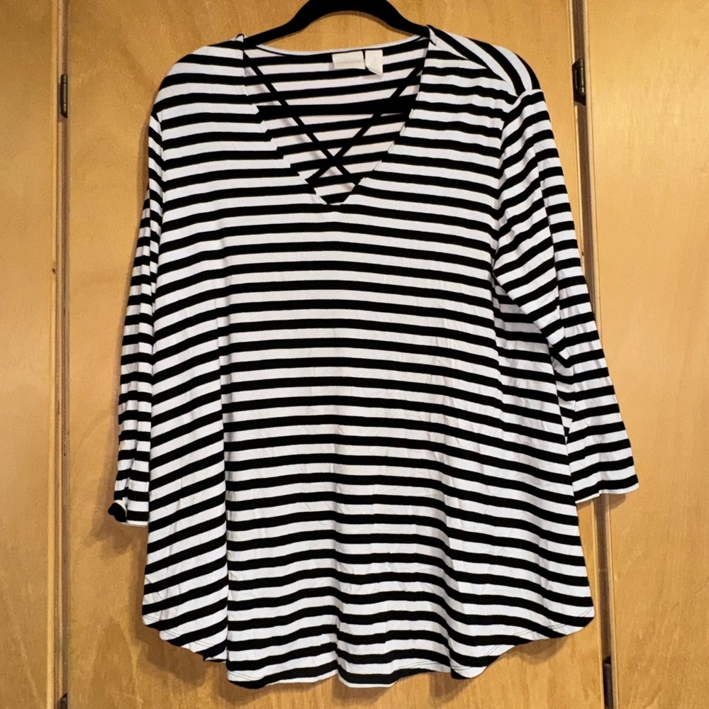 Chico’s Striped Caged Knit Top.